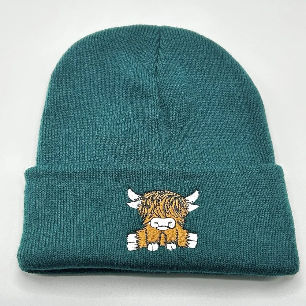 Highland Cow Cattle Cartoon Animal Beanie Hat Cap Knit Cuff Green Outdoors
